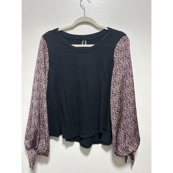 Anthropologie Maybelle Black Purple Floral Sleeve Women's Top Size Small - Picture 1 of 6